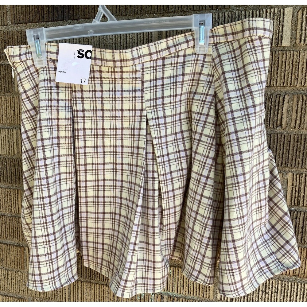 SO Juniors Size 17 Yellow Brown Plaid Pleated School Uniform Skirt NWT